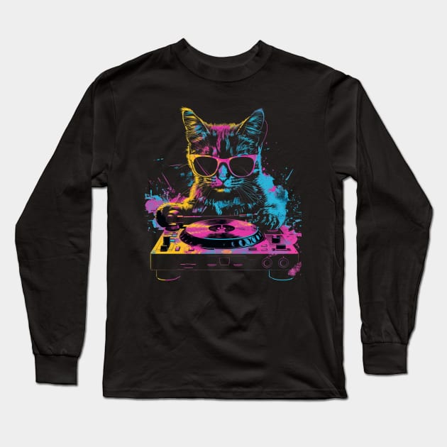 Cat DJ Bass Long Sleeve T-Shirt by BilodeauBlue